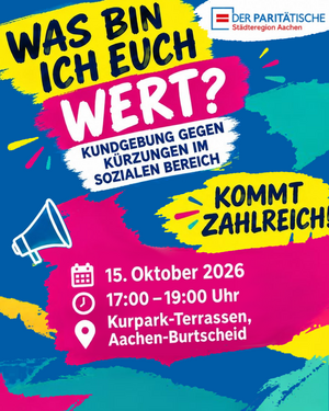 Kundgebung gegen Kürzungen im sozialen Bereich am 15.10.2026 von 17 bis 19 Uhr, Kurpark-Terassen, Aachen Burtscheid