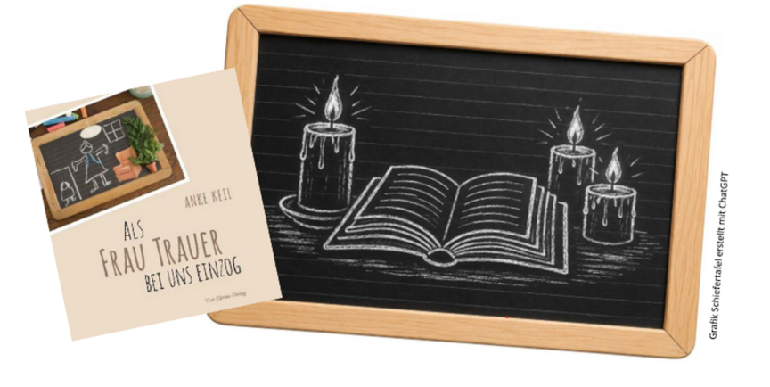 Eine Tafel, auf der man ein aufgeschlagenes Buch und drei Kerzen sieht, mit Kreide gemalt. Daneben ein Buchcover mit dem Titel "als Frau Trauer bei uns einzog"